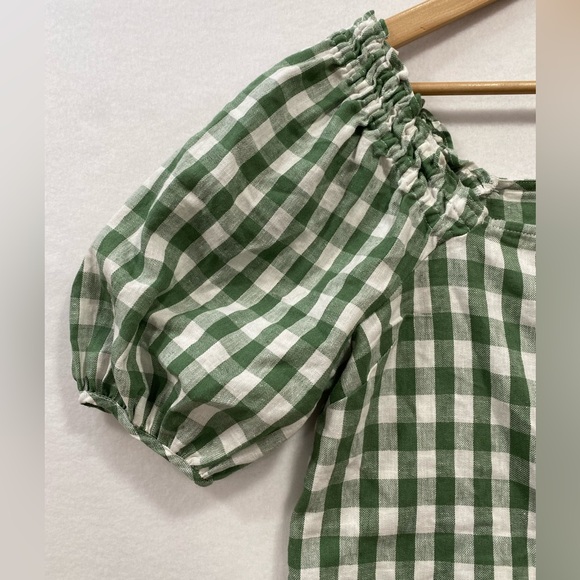 Madewell Linen-Cotton Gingham Puff Sleeve Top Green White Square Neck Blouse S - Picture 6 of 14